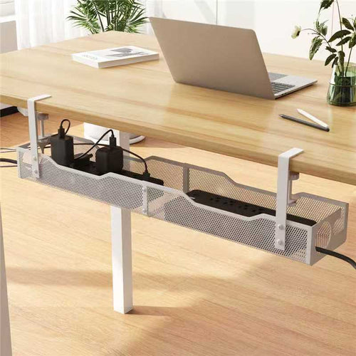 TidyDesk under-desk cable management tray in black, mounted beneath a wood desk holding a power strip