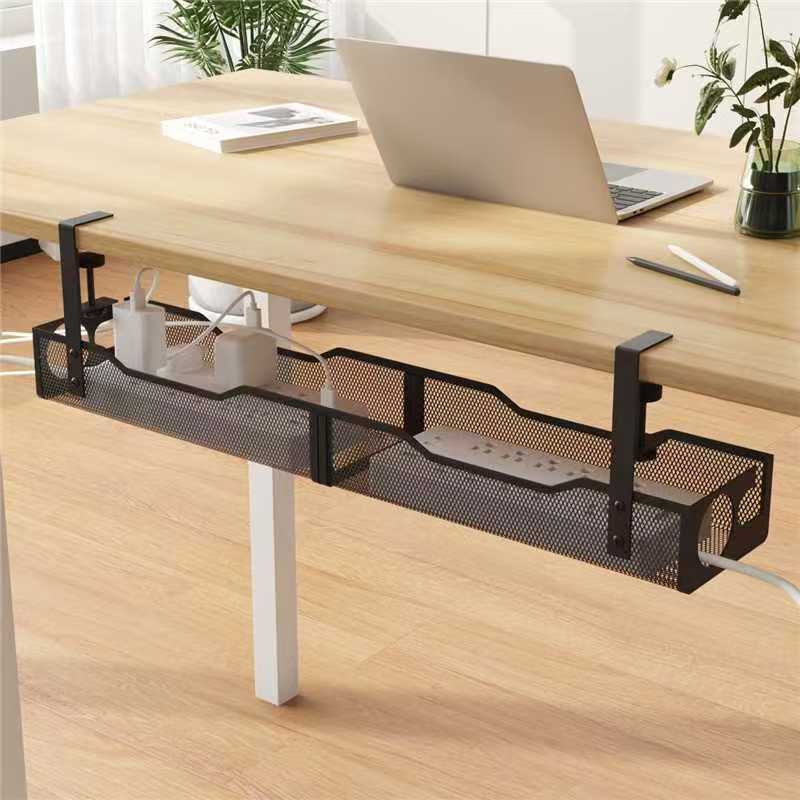 TidyDesk cable tray shown from the side, keeping cords off the floor