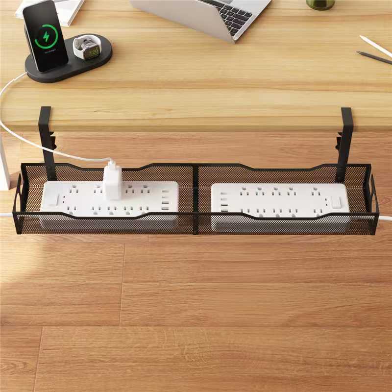 Under-desk cable tray with power strip and adapters organized inside